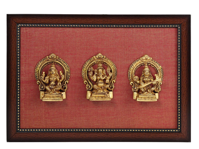 13" Brass Lakshmi Ganesh Saraswati Statue with Frame for Pooja