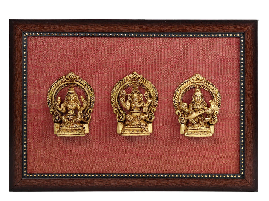 13" Brass Lakshmi Ganesh Saraswati Statue with Frame for Pooja