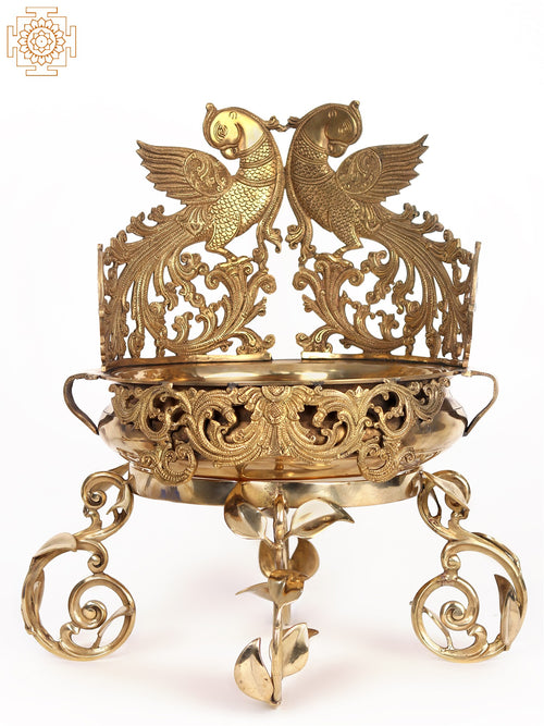 20" Brass Parrot Urli with Stand Home Decor Statue