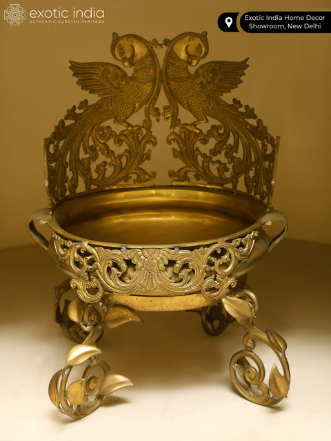 20" Brass Parrot Urli with Stand | Home Decor Showpiece