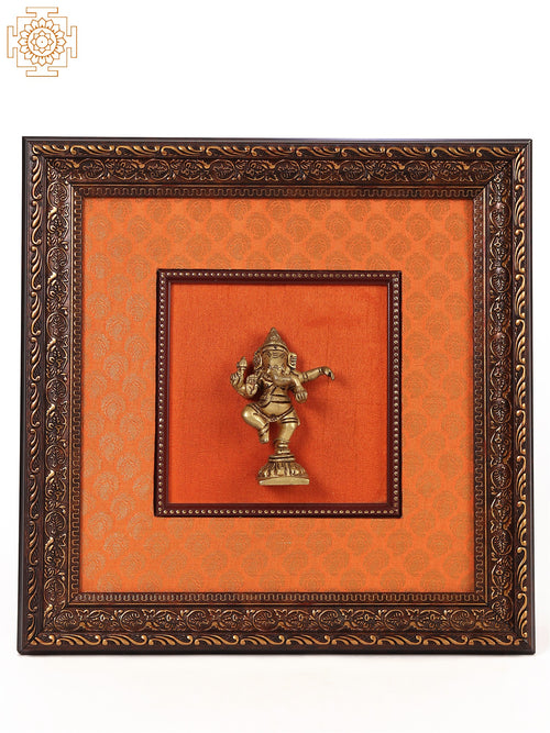 13" Wooden Framed Dancing Ganesha Brass Wall Hanging