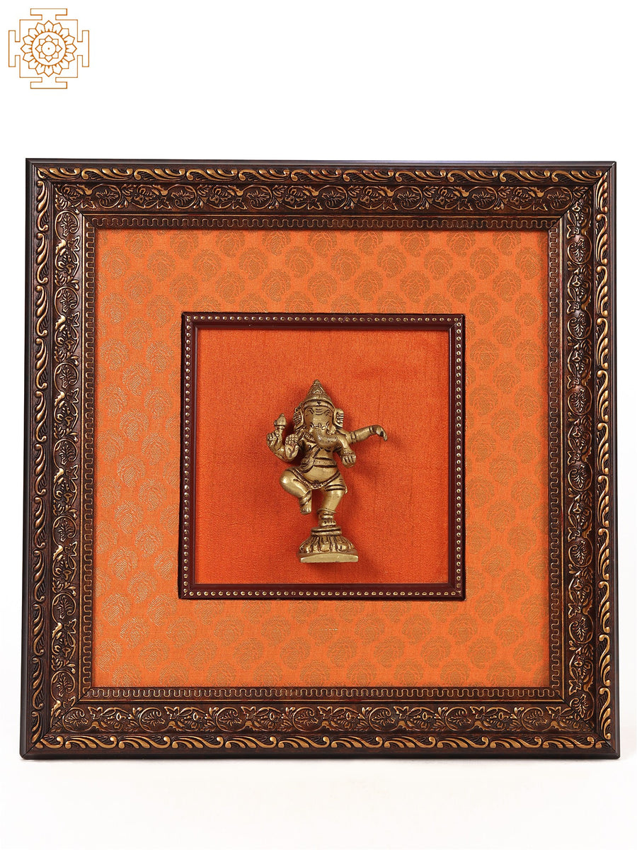 13" Wooden Framed Dancing Ganesha Brass Wall Hanging