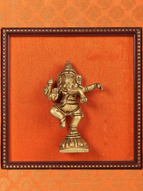 13" Wooden Framed Dancing Lord Ganesha in Brass | Wall Hanging