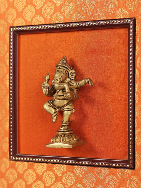 13" Wooden Framed Dancing Lord Ganesha in Brass | Wall Hanging