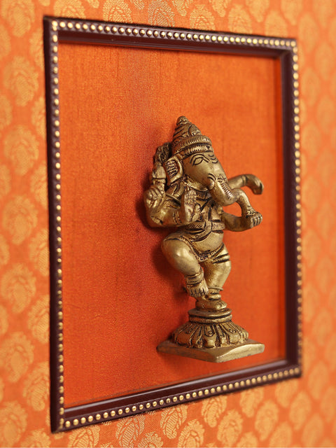 13" Wooden Framed Dancing Lord Ganesha in Brass | Wall Hanging