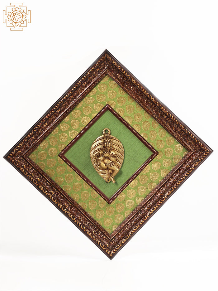 13" Baby Krishna on Leaf Brass Wall Hanging with Wooden Frame
