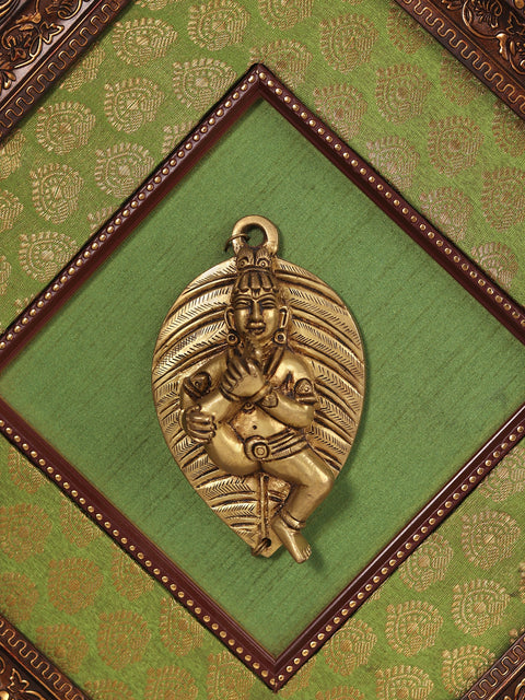 13" Wooden Framed Baby Krishna on Leaf in Brass | Wall Hanging