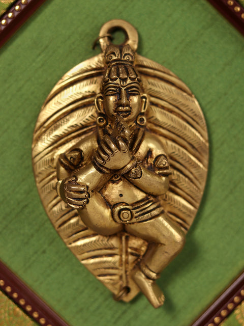 13" Wooden Framed Baby Krishna on Leaf in Brass | Wall Hanging