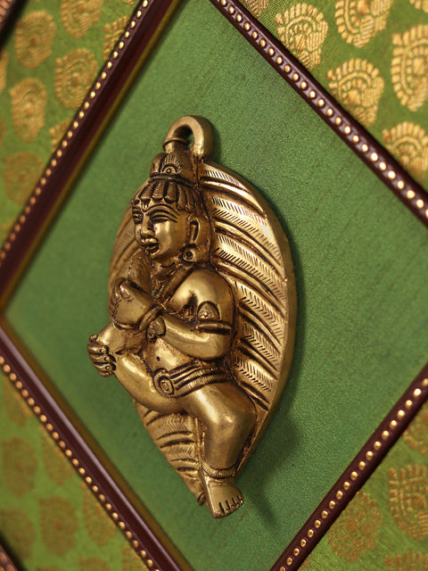 13" Wooden Framed Baby Krishna on Leaf in Brass | Wall Hanging