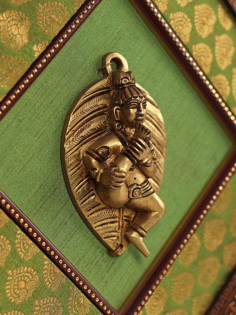 13" Wooden Framed Baby Krishna on Leaf in Brass | Wall Hanging