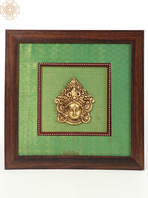 11" Brass Goddess Durga Face Framed Wall Hanging for Home Decor