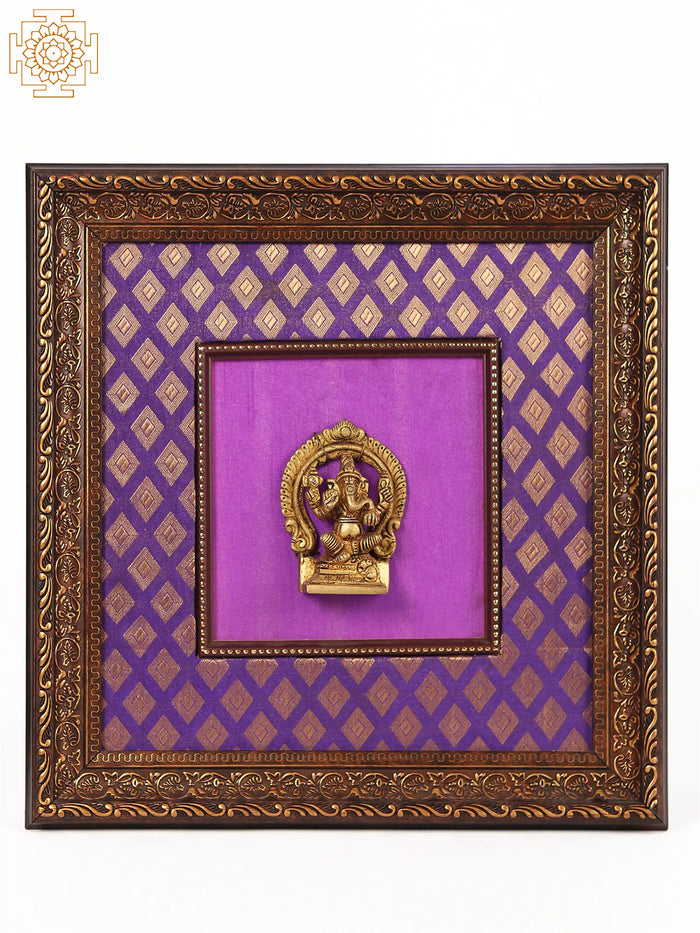 13" Wooden Framed Brass Lord Ganesha | Wall Hanging