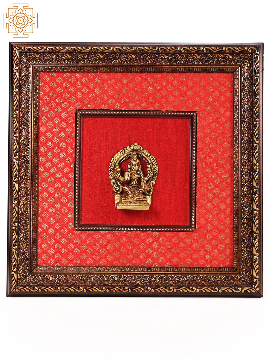 13" Brass Lakshmi Goddess Statue with Wooden Frame Wall Hanging