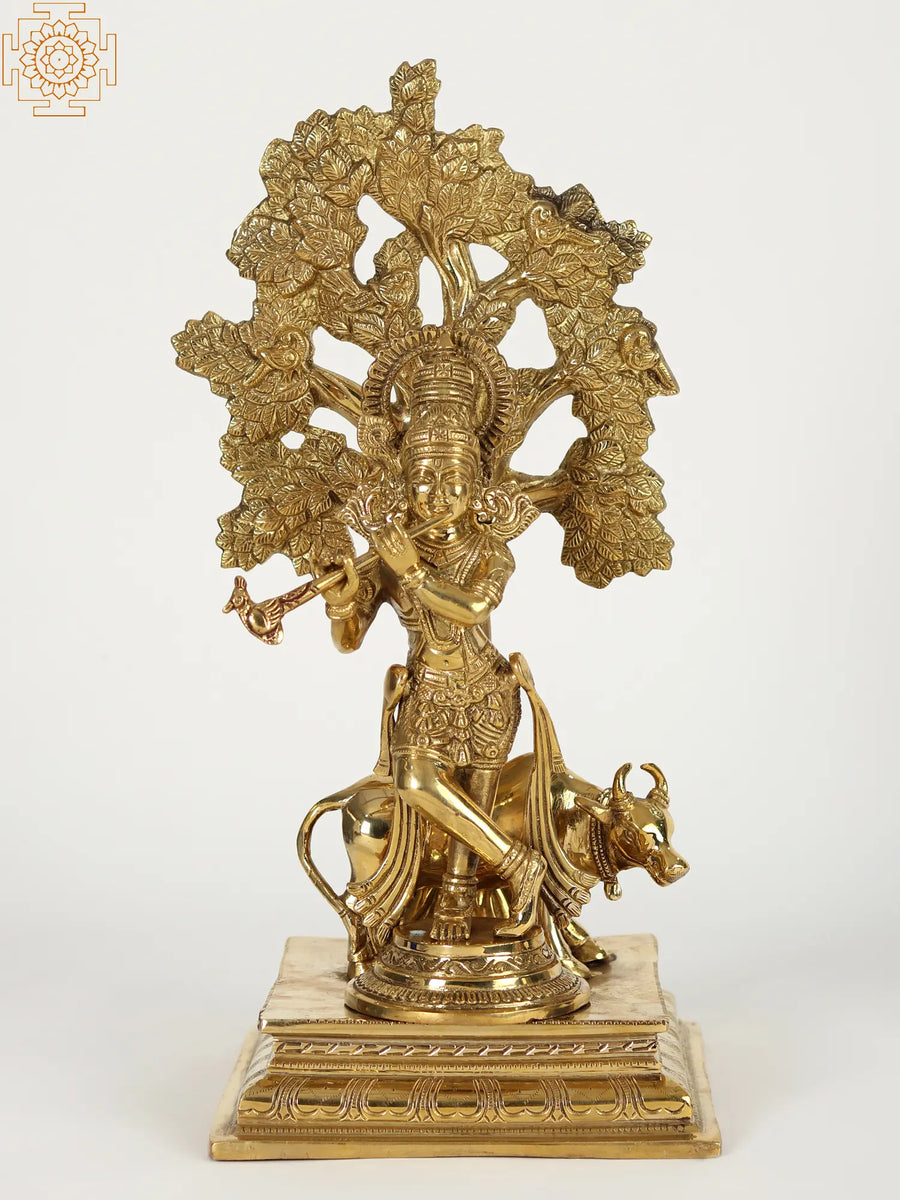 17" Lord Krishna With Kalpavriksha and Cow Brass Statue