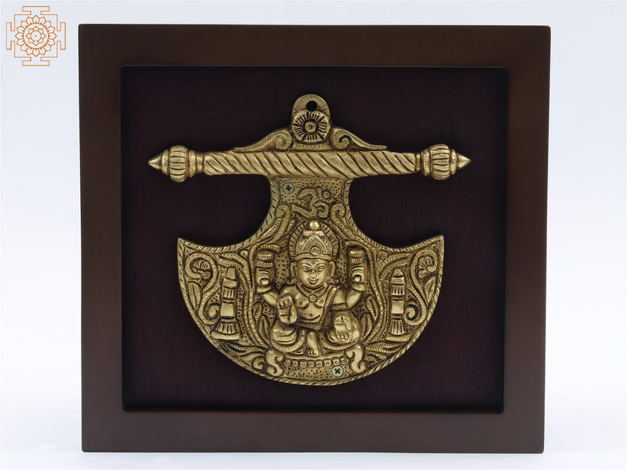 12" Sitting Goddess Lakshmi Fan Shape Wood and Brass Wall Hanging