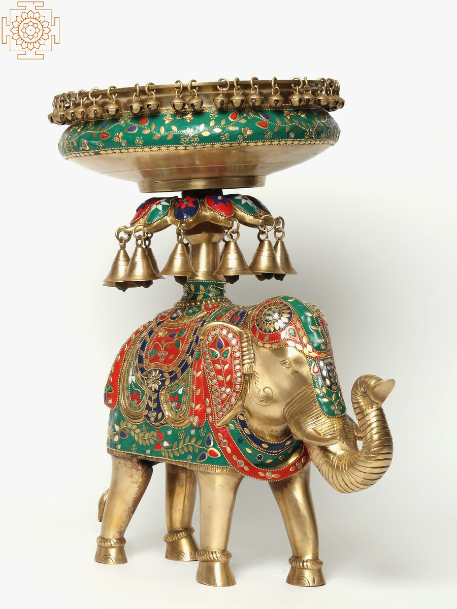 20" Brass Inlay Urli with Bells on Royal Elephant Statue