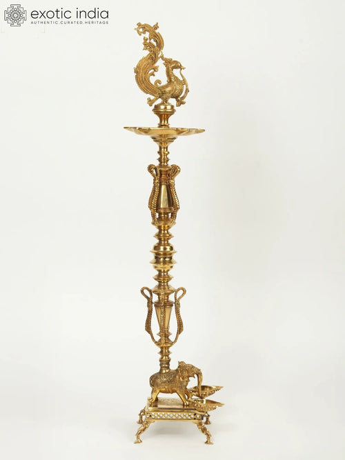 48" Brass Peacock on Elephant Oil Lamp Multi Wick Handmade