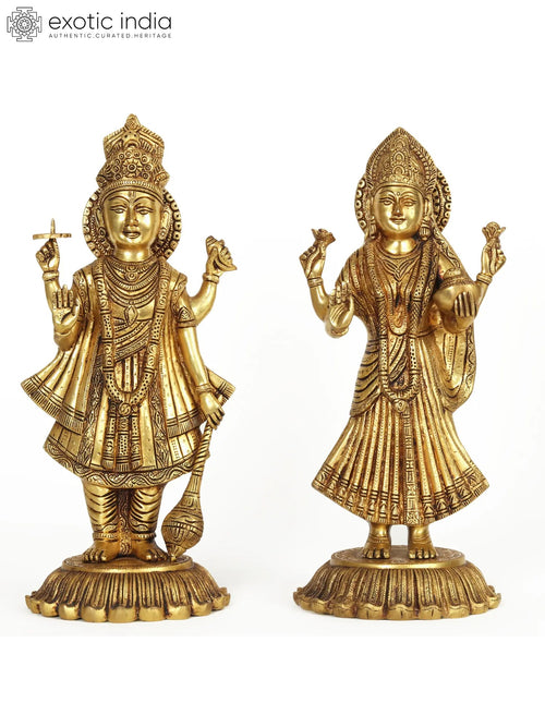 18" Standing Lord Vishnu and Devi Lakshmi Handmade Brass Statue