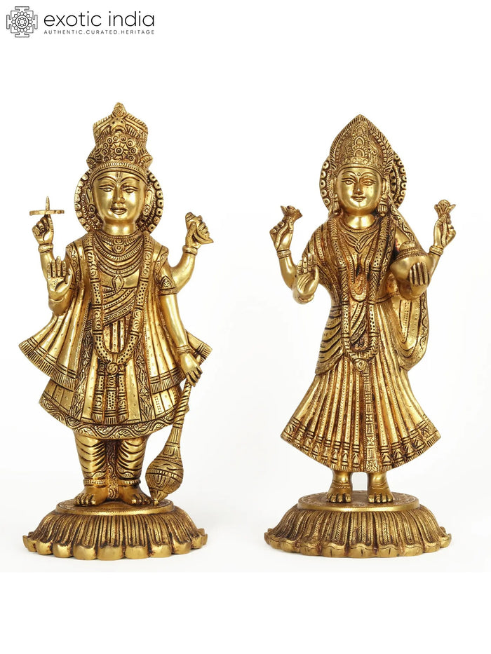 18" Standing Lord Vishnu and Devi Lakshmi Handmade Brass Statue
