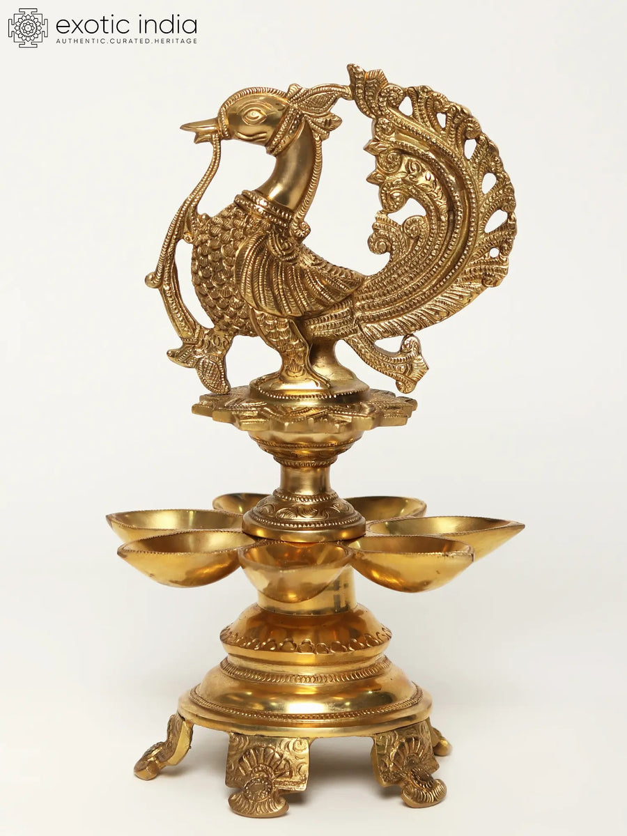 12" Brass Peacock Seven Wick Oil Lamp for Home Decor