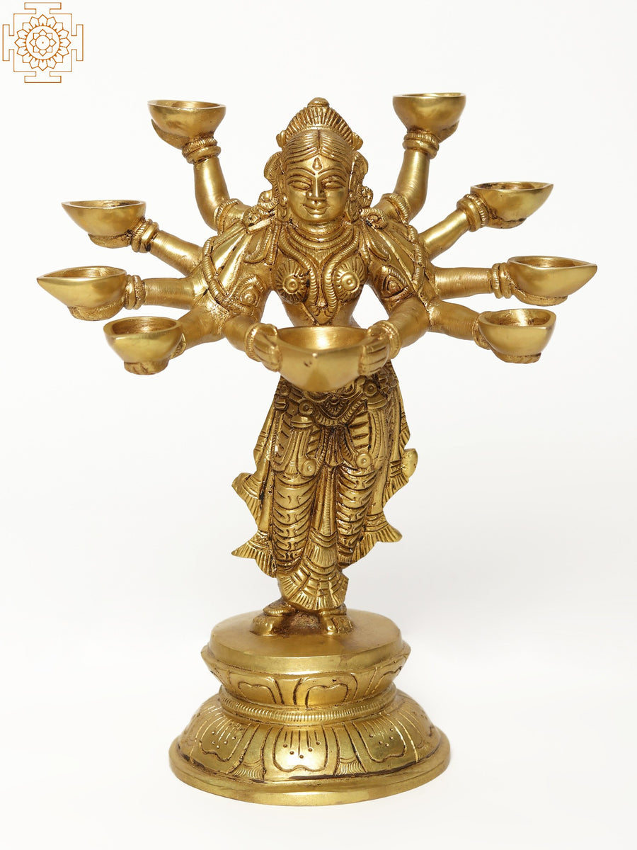 9" Ten Armed Deepalakshmi Handmade Brass Statue on Pedestal