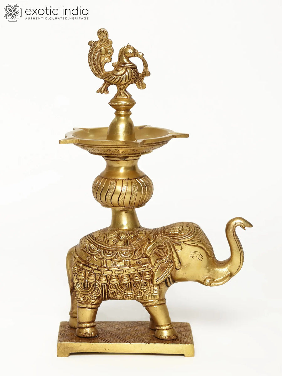 11" Brass Peacock Oil Lamp Elephant Stand Statue for Pooja