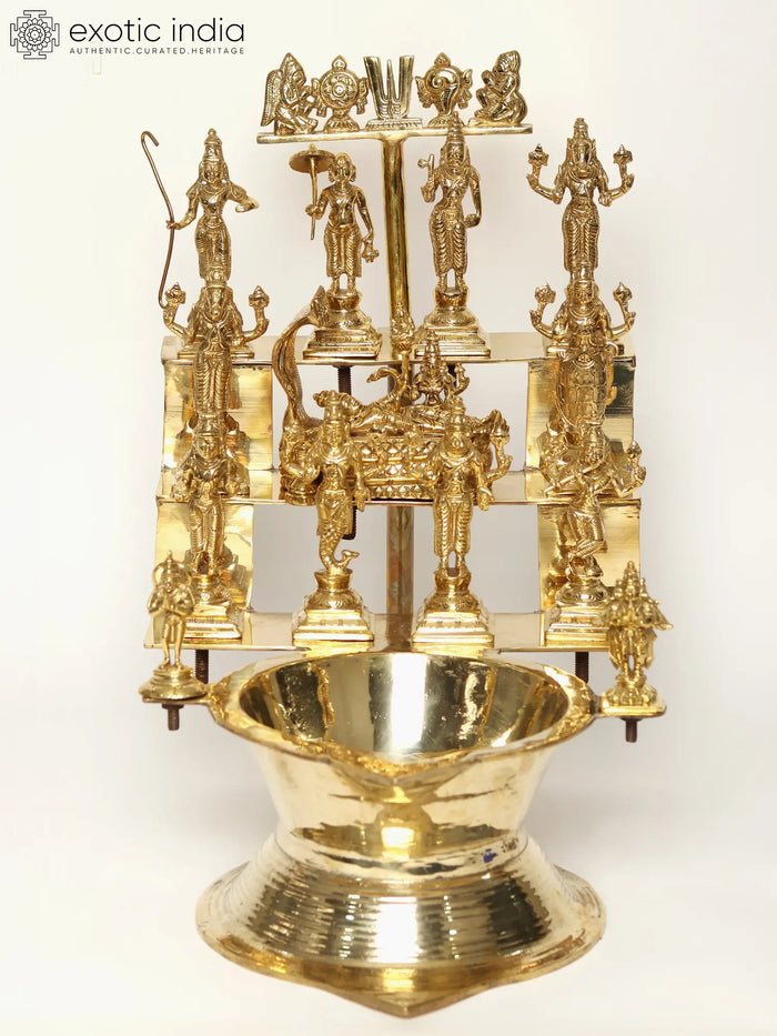 19" Brass Vishnu Dashavatar Oil Lamp for Pooja