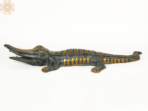44" Large Brass Makara Crocodile Statue Handmade