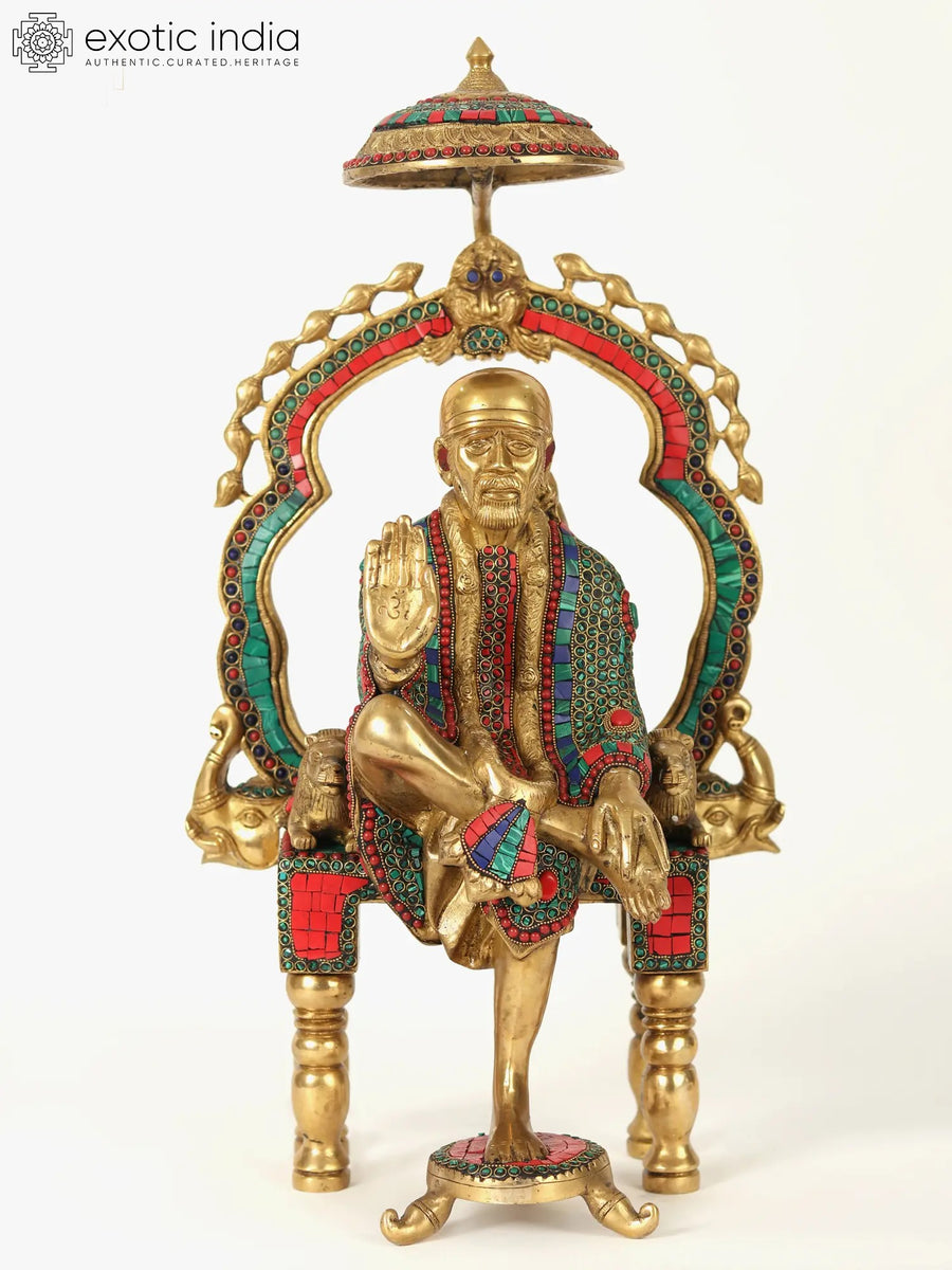 22" Blessing Sai Baba Seated on Throne Brass Statue with Inlay Work