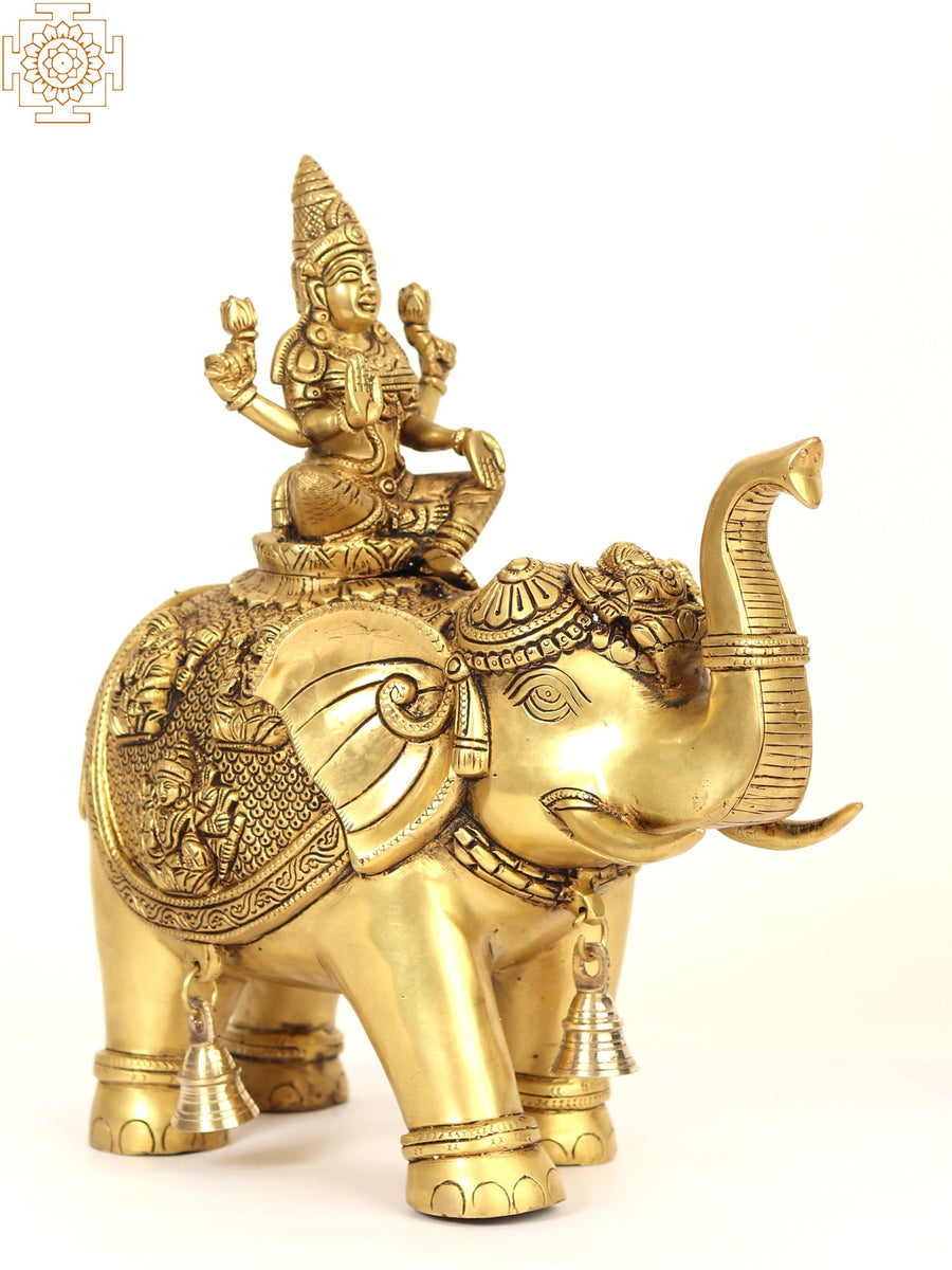 15" Goddess Lakshmi Seated on Elephant Brass Statue