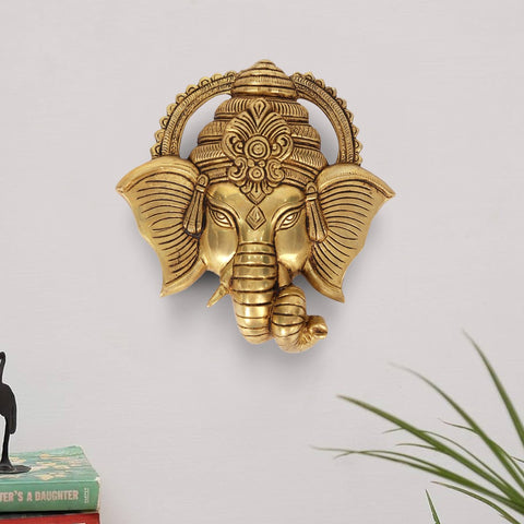 6" Small Brass Ganesha Mask Wall Hanging
