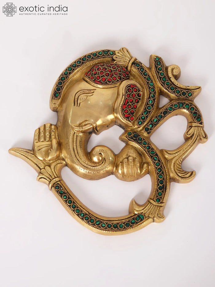 OM Lord Ganesha Face Brass Wall Hanging with Inlay Work