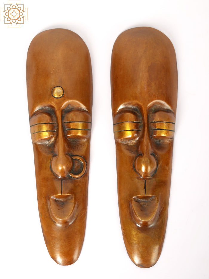 9" Brass Tribal Male and Female Faces Wall Hanging