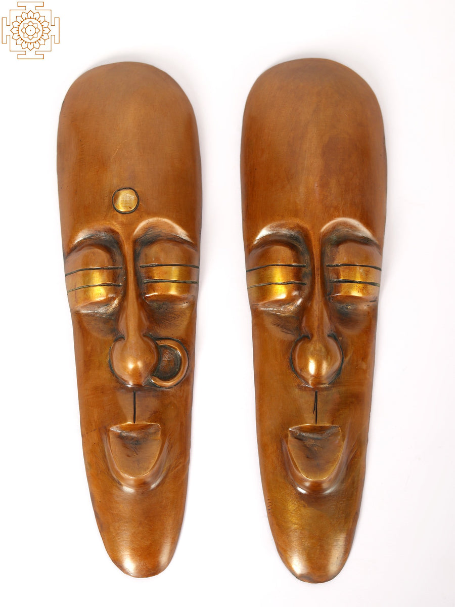 9" Brass Tribal Male and Female Faces Wall Hanging for Home Decor
