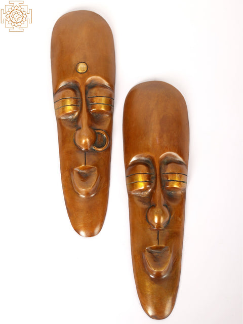 9" Brass Tribal Male and Female Faces Wall Hanging