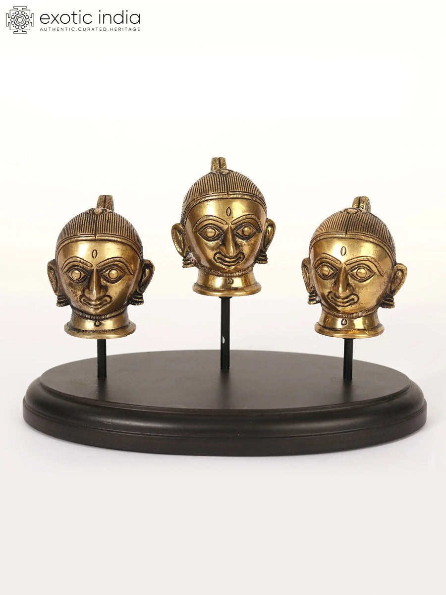 9" Gauri Parvati Brass Heads Statue on Wooden Base