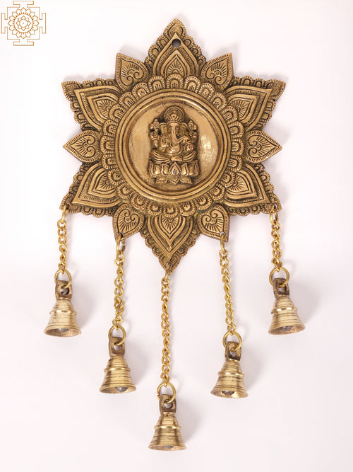 15" Lord Ganesha Brass Wall Hanging with Dangling Bells