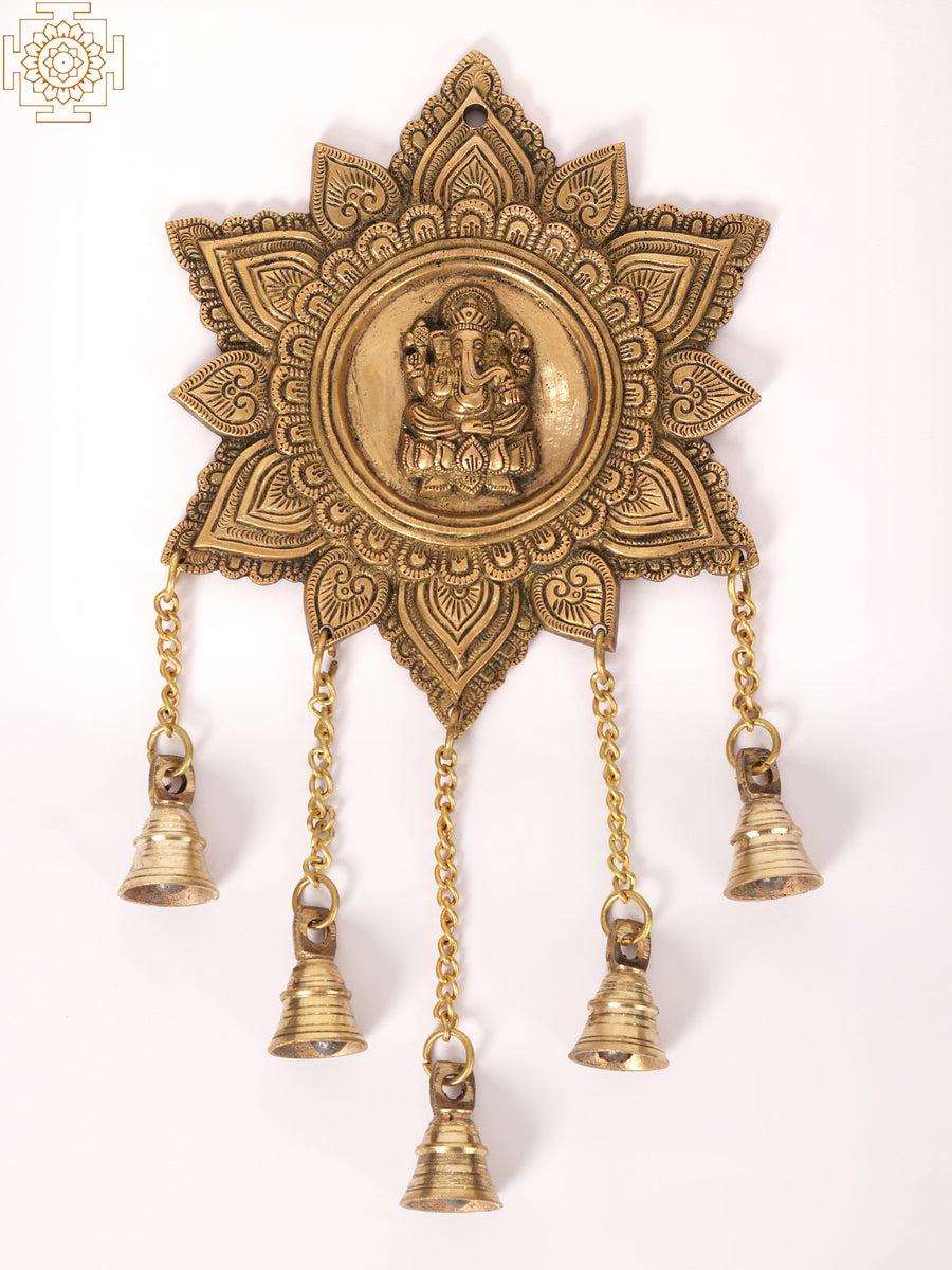 15" Lord Ganesha Brass Wall Hanging with Dangling Bells
