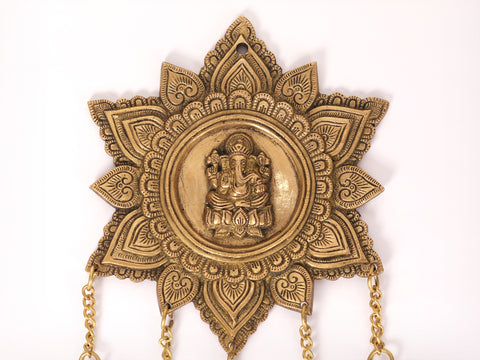 15" Lord Ganesha Wall Hanging with Dangling Bells in Brass
