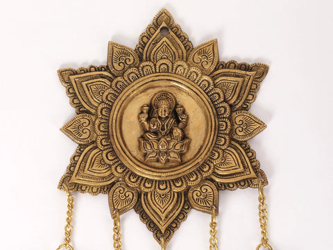 15" Devi Lakshmi Wall Hanging with Dangling Bells in Brass