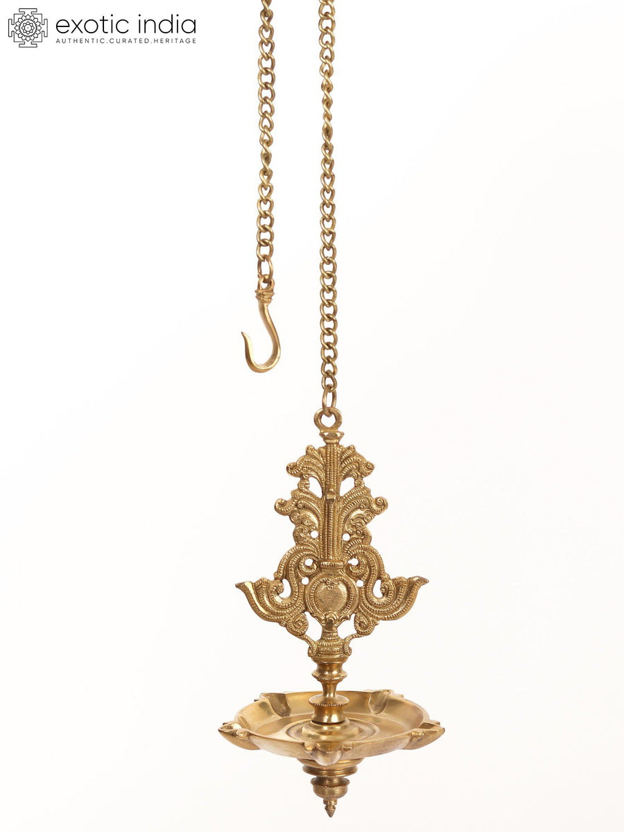 9" Five Wick Brass Hanging Lamp for Pooja and Home Decor