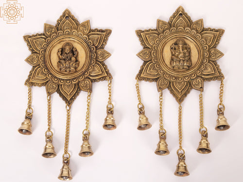 15" Ganesha Lakshmi Brass Wall Hanging Bells Pair