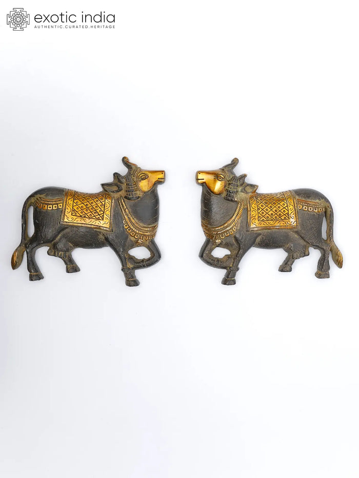 5" Pair of Kamadhenu Cows Brass Wall Hanging Decor