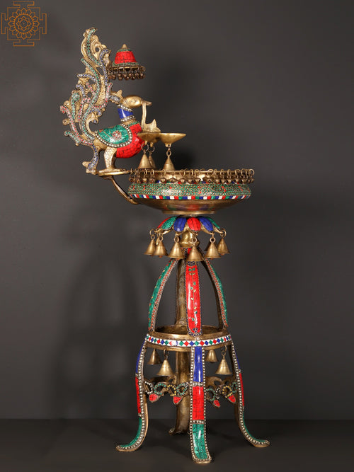 41" Peacock Urli Brass Lamp with Bells and Inlay Art
