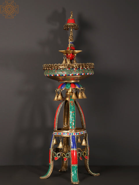 41" Peacock Urli with Lamp and Bells | Brass with Inlay Art
