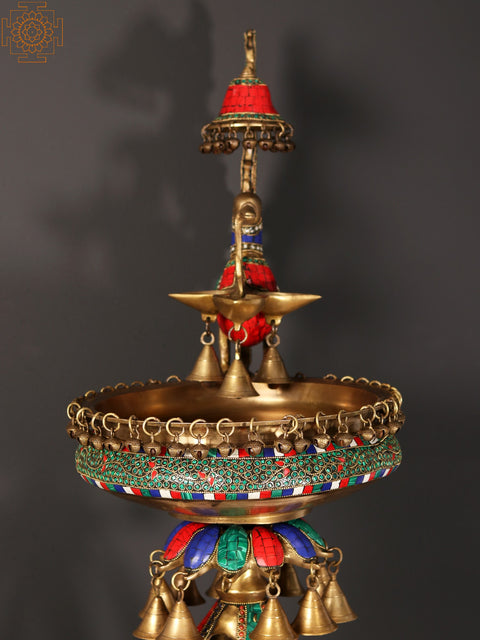 41" Peacock Urli with Lamp and Bells | Brass with Inlay Art
