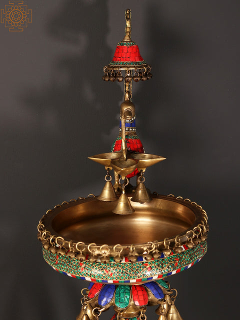41" Peacock Urli with Lamp and Bells | Brass with Inlay Art