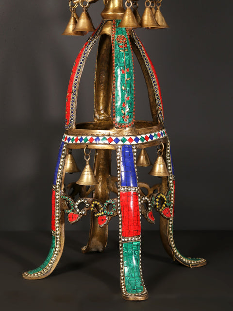 41" Peacock Urli with Lamp and Bells | Brass with Inlay Art
