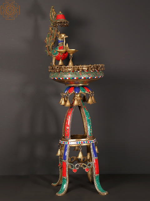 41" Peacock Urli with Lamp and Bells | Brass with Inlay Art