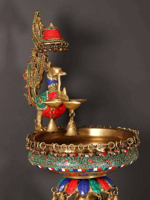 41" Peacock Urli with Lamp and Bells | Brass with Inlay Art